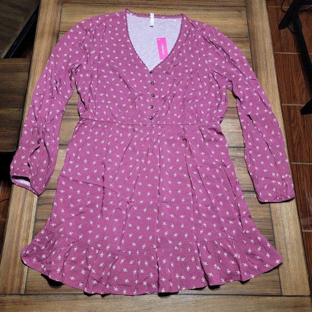 Xhilaration LS Dress Maroon w/Small White Flowers - Size XXL* NWT
